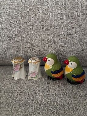 Ceramic Green Parrot Salt and Pepper Shaker Set with Floral Porcelain Shakers